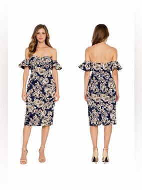 Bardot Casey Navy Blue Floral Off-Shoulder Midi Dress Ruffle Sleeve Party Dress